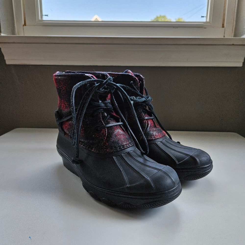 Sperry Saltwater Duck Boots 6 Black Red Buffalo Plaid Winter Lace Up Ankle